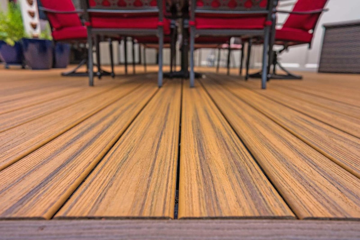 Up-close view of wood decking material